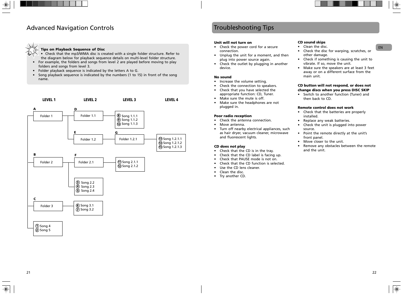 Advanced navigation controls, Troubleshooting tips | RCA RS2135i User Manual | Page 12 / 13