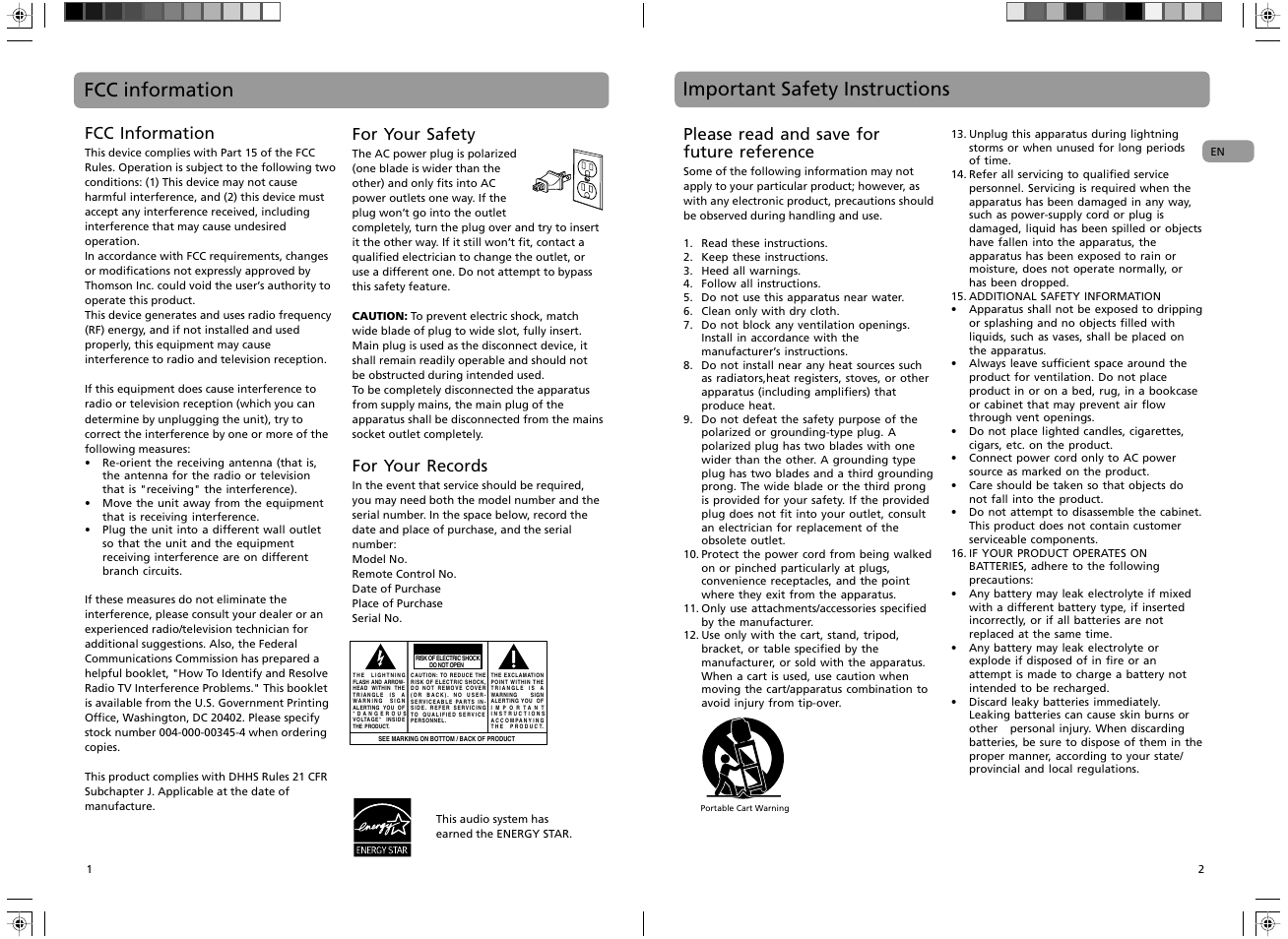 Fcc information, Important safety instructions, For your safety | For your records, Please read and save for future reference | RCA RS2135i User Manual | Page 2 / 13