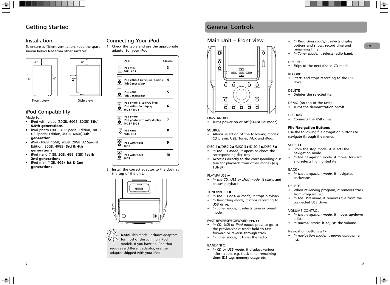 Getting started, General controls, Installation | Ipod compatibility, Connecting your ipod, Main unit – front view | RCA RS2135i User Manual | Page 5 / 13