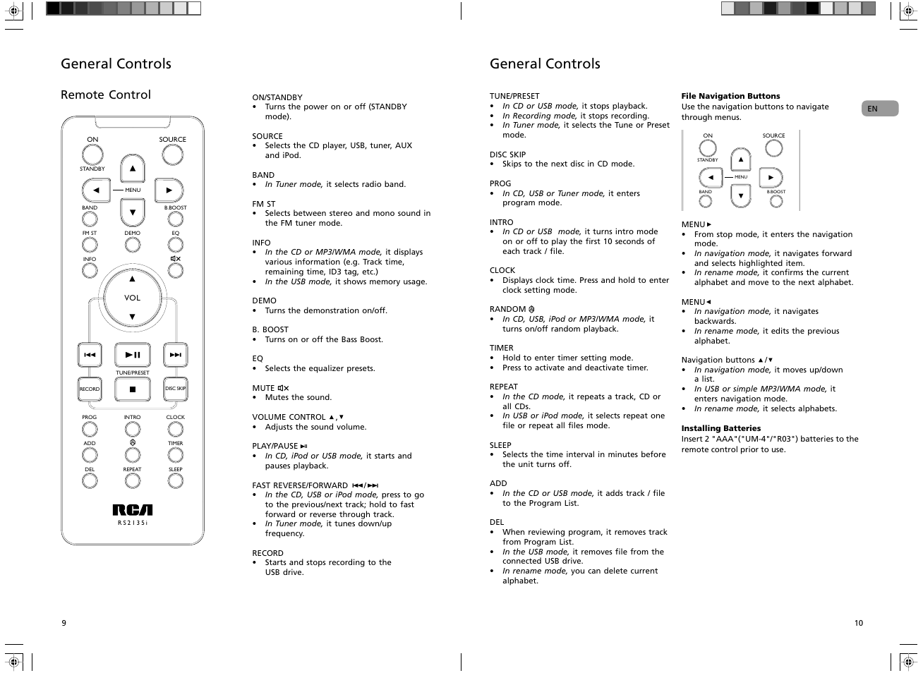 General controls, Remote control | RCA RS2135i User Manual | Page 6 / 13