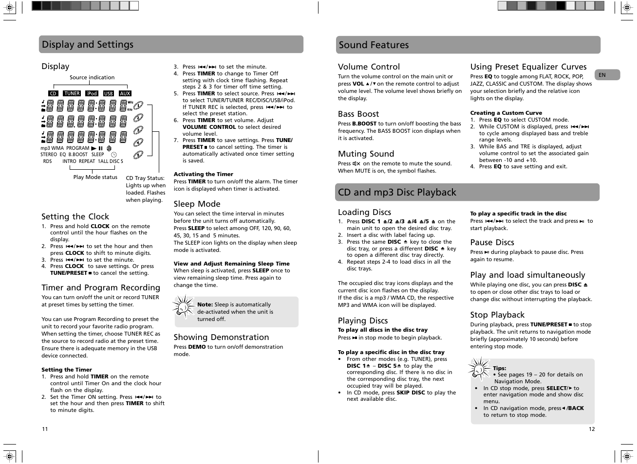 Display and settings, Sound features, Cd and mp3 disc playback | RCA RS2135i User Manual | Page 7 / 13