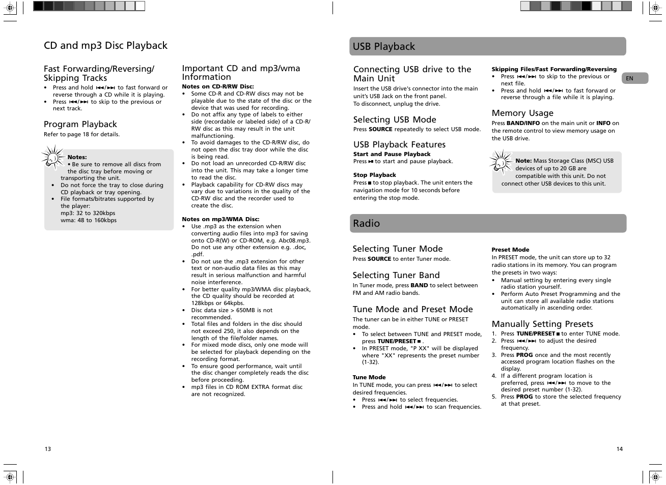 Cd and mp3 disc playback, Usb playback, Radio | Fast forwarding/reversing/ skipping tracks, Program playback, Important cd and mp3/wma information, Connecting usb drive to the main unit, Selecting usb mode, Usb playback features, Selecting tuner mode | RCA RS2135i User Manual | Page 8 / 13