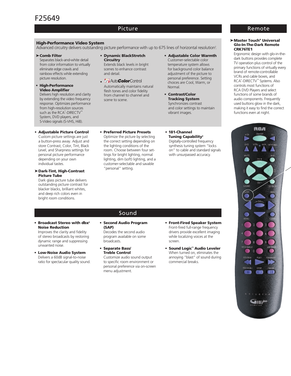 Picture remote sound | RCA F25649 User Manual | Page 2 / 4