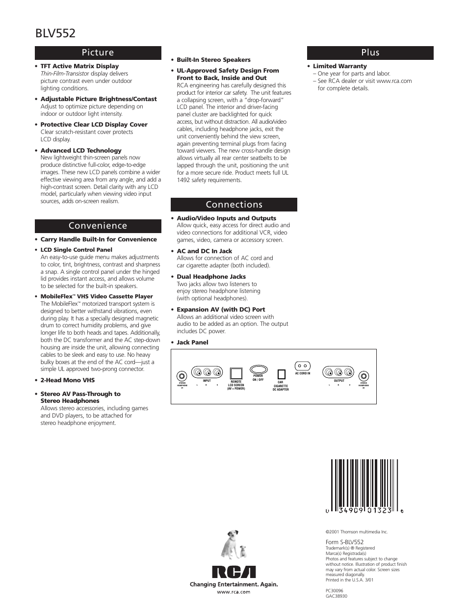 Blv552, Picture, Convenience | Connections, Plus | RCA BLV552 User Manual | Page 2 / 2