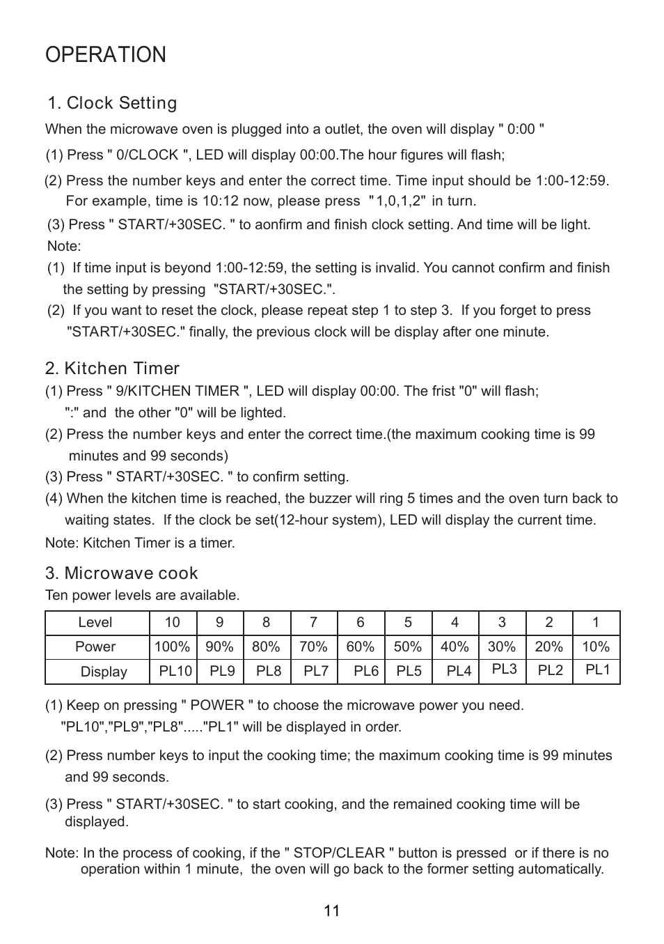 Operation, Clock setting, Kitchen timer | Microwave cook | RCA RMW713-WHITE User Manual | Page 11 / 19