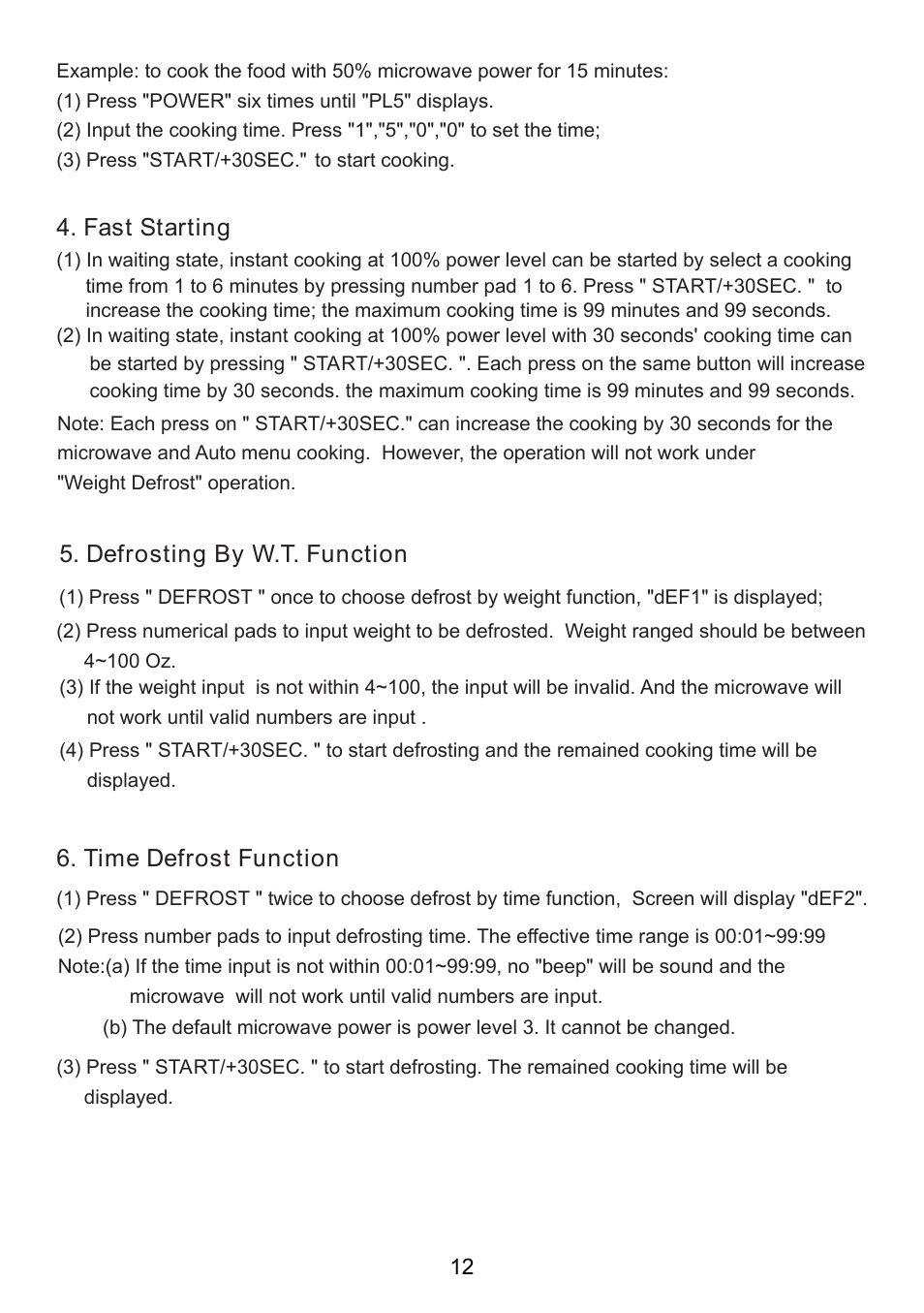 Time defrost function, Defrosting by w.t. function, Fast starting | RCA RMW713-WHITE User Manual | Page 12 / 19