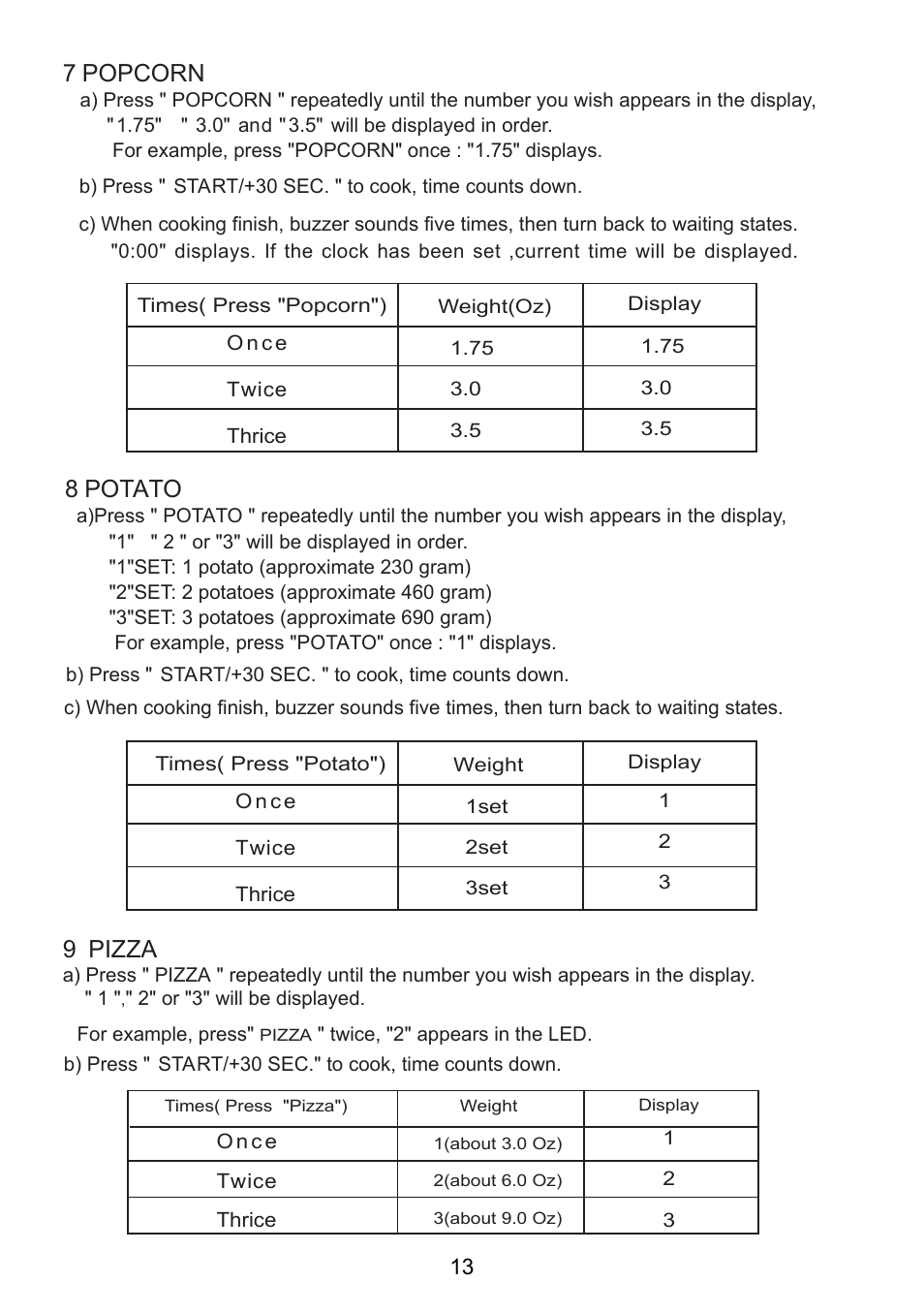 7 . popcorn, 8 . potato, 9 . pizza | RCA RMW713-WHITE User Manual | Page 13 / 19