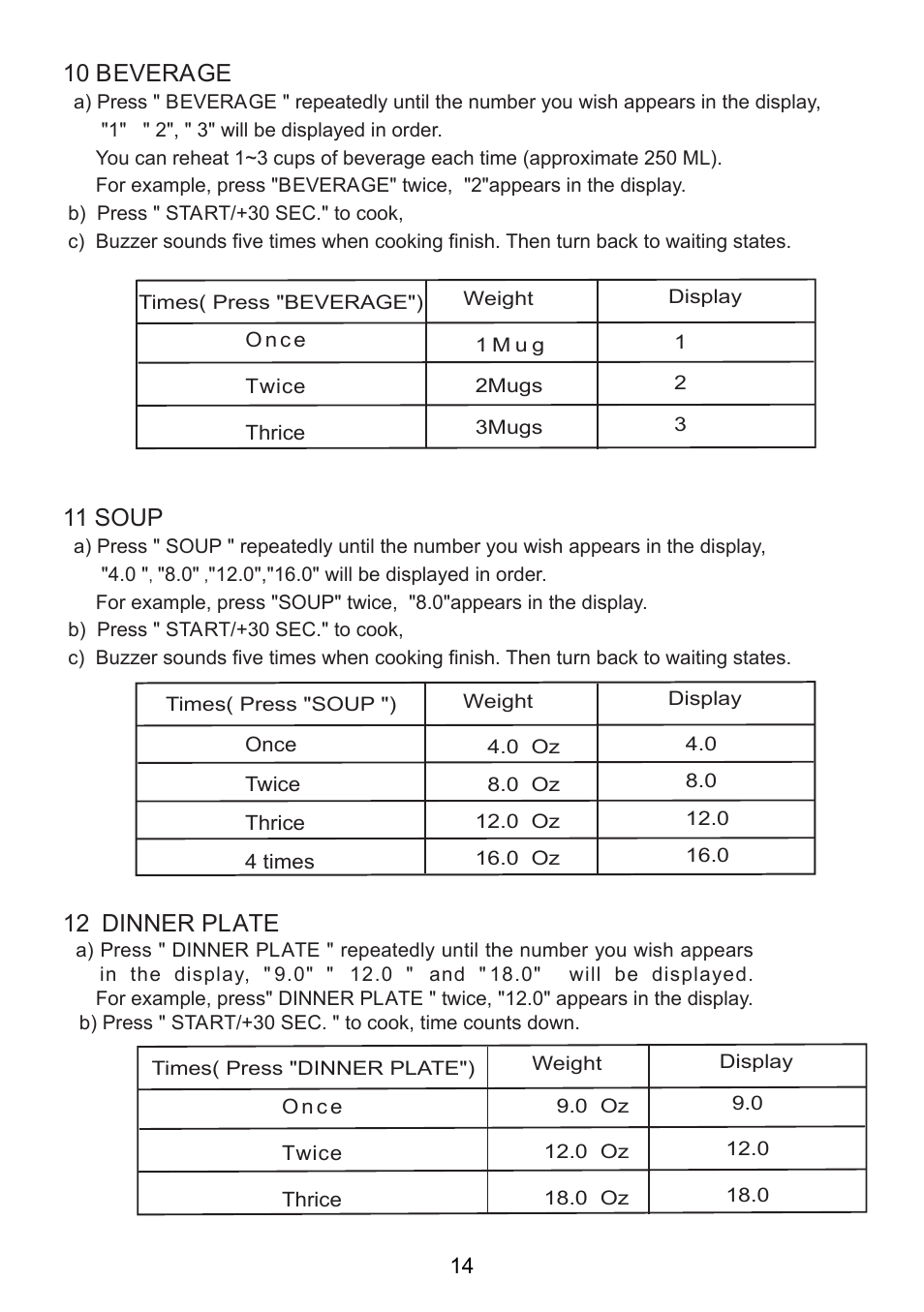 10 . beverage, Soup, 12 . dinner plate | RCA RMW713-WHITE User Manual | Page 14 / 19