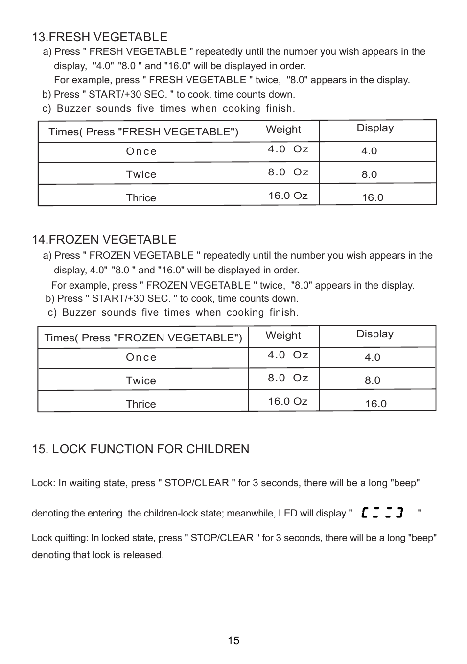 Lock function for children, Fresh vegetable, Frozen vegetable | RCA RMW713-WHITE User Manual | Page 15 / 19