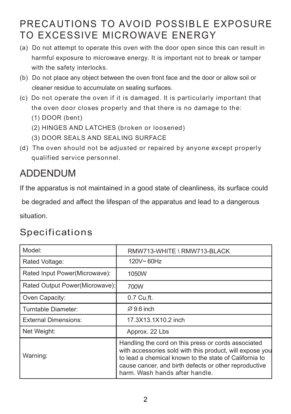 Addendum, Specifications | RCA RMW713-WHITE User Manual | Page 2 / 19