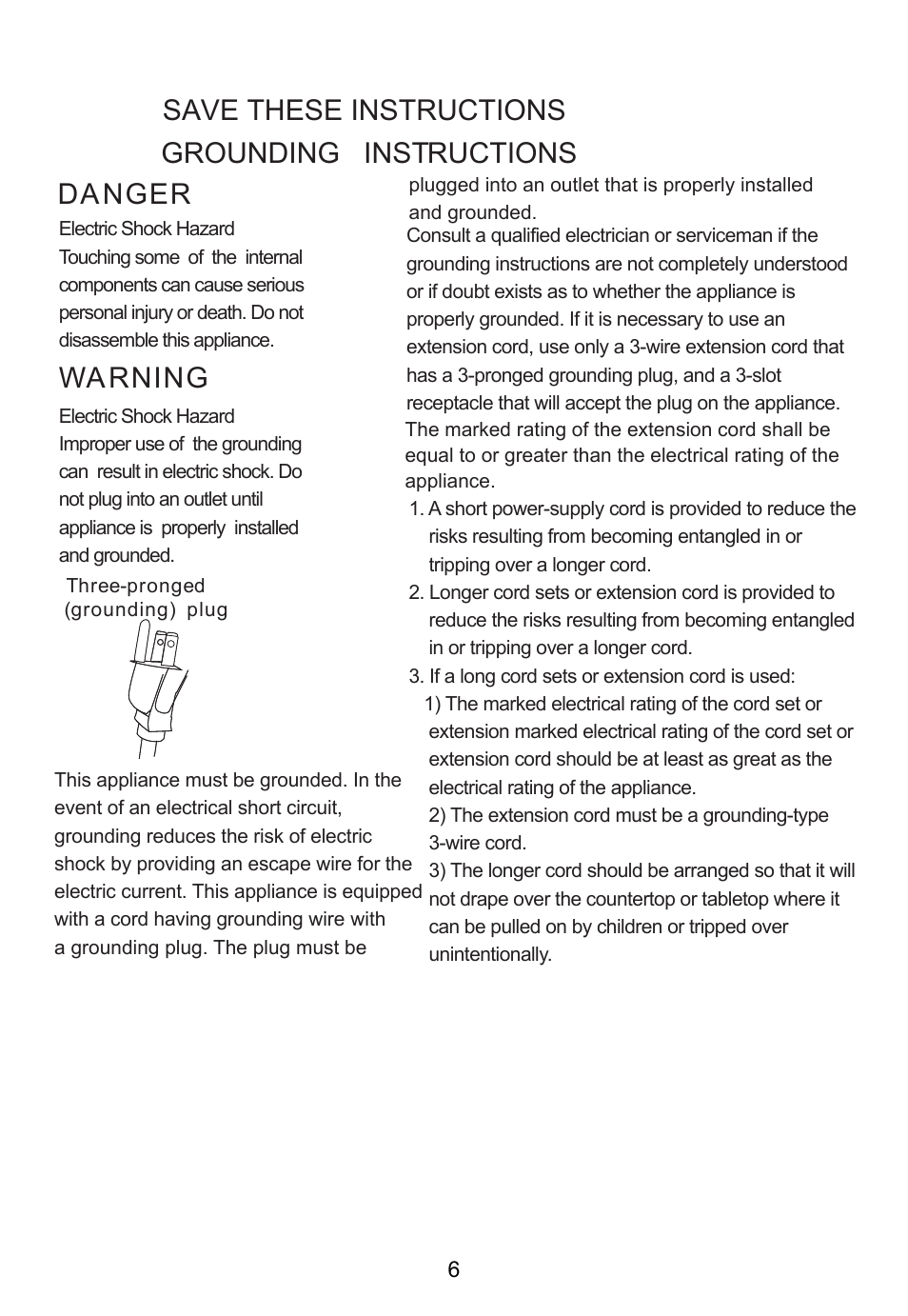 Warning danger, Grounding instructions save these instructions | RCA RMW713-WHITE User Manual | Page 6 / 19