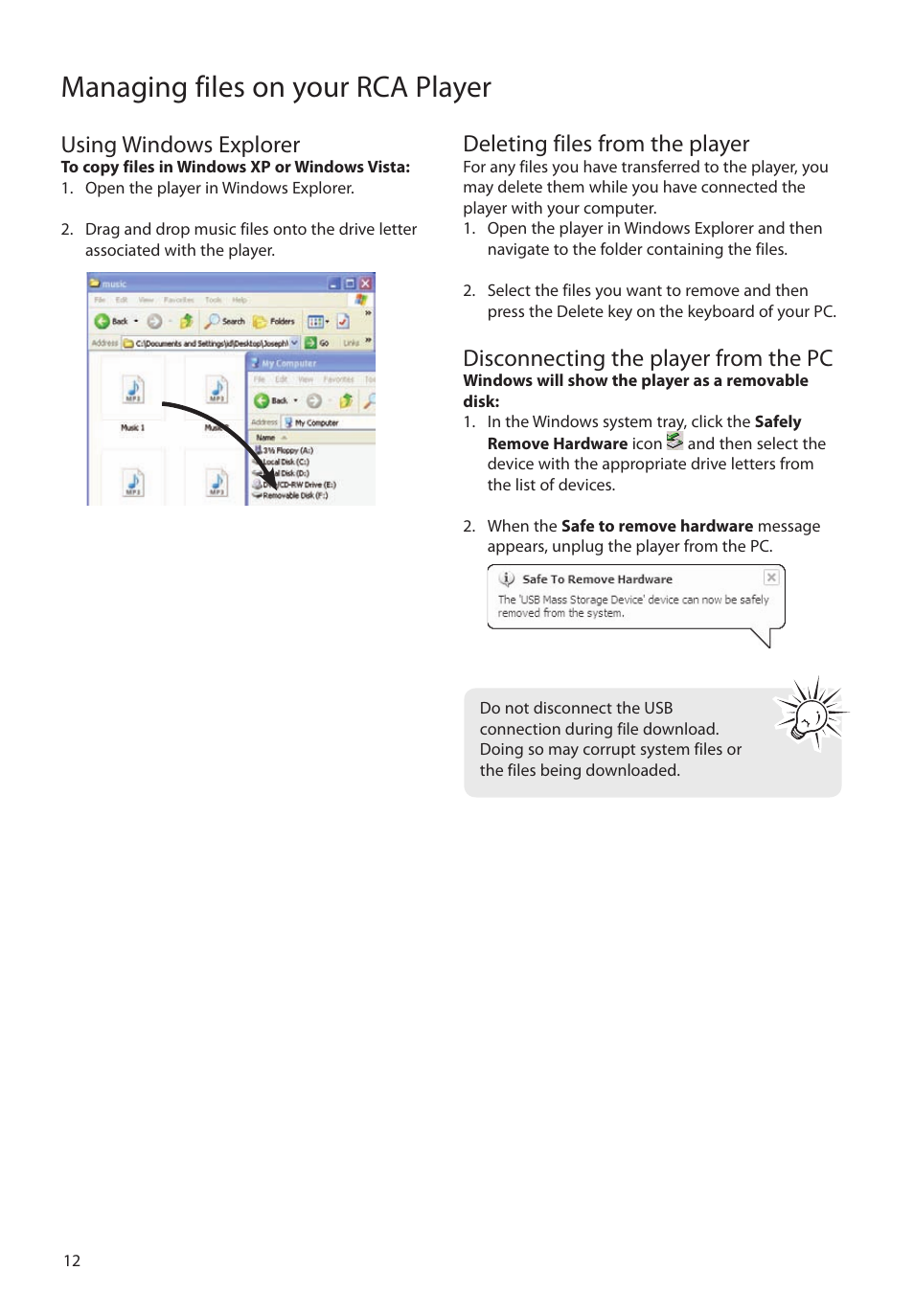 Using windows explorer, Deleting files from the player, Disconnecting the player from the pc | Managing files on your rca player | RCA TC1601 User Manual | Page 12 / 27