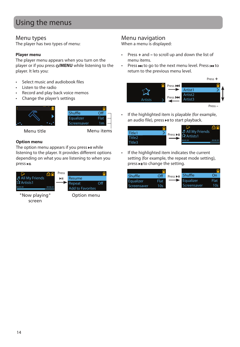 Using the menus, Menu types, Menu navigation | RCA TC1601 User Manual | Page 14 / 27