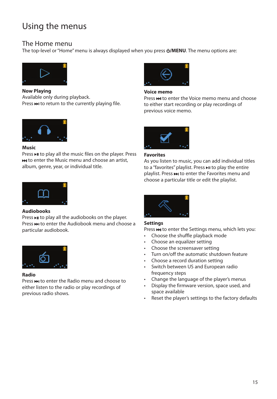 The home menu, Using the menus | RCA TC1601 User Manual | Page 15 / 27