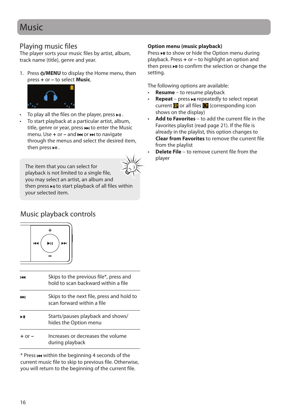 Music, Playing music files, Music playback controls | RCA TC1601 User Manual | Page 16 / 27