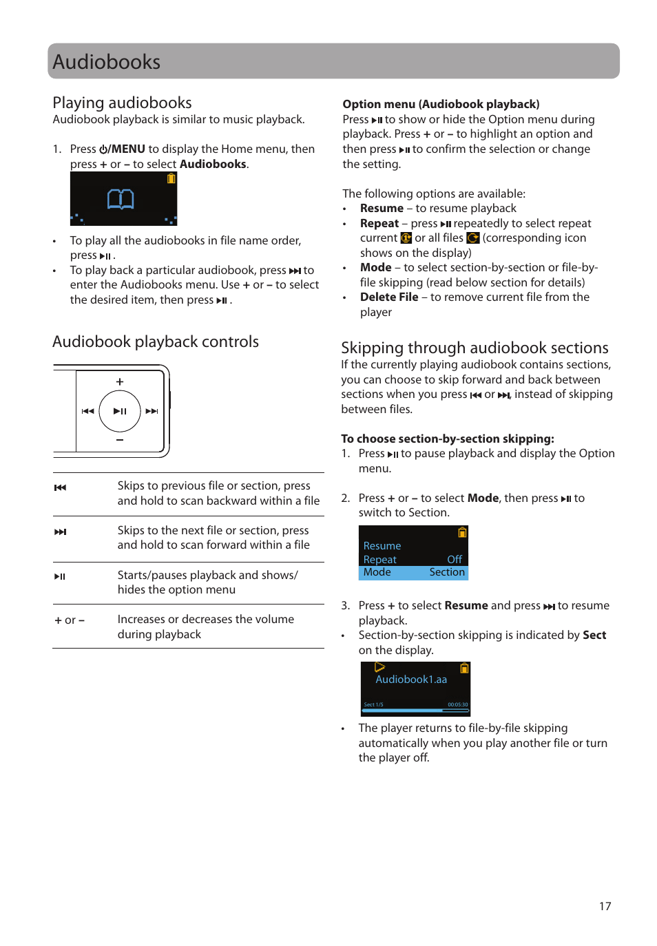 Audiobooks, Playing audiobooks, Audiobook playback controls | Skipping through audiobook sections | RCA TC1601 User Manual | Page 17 / 27