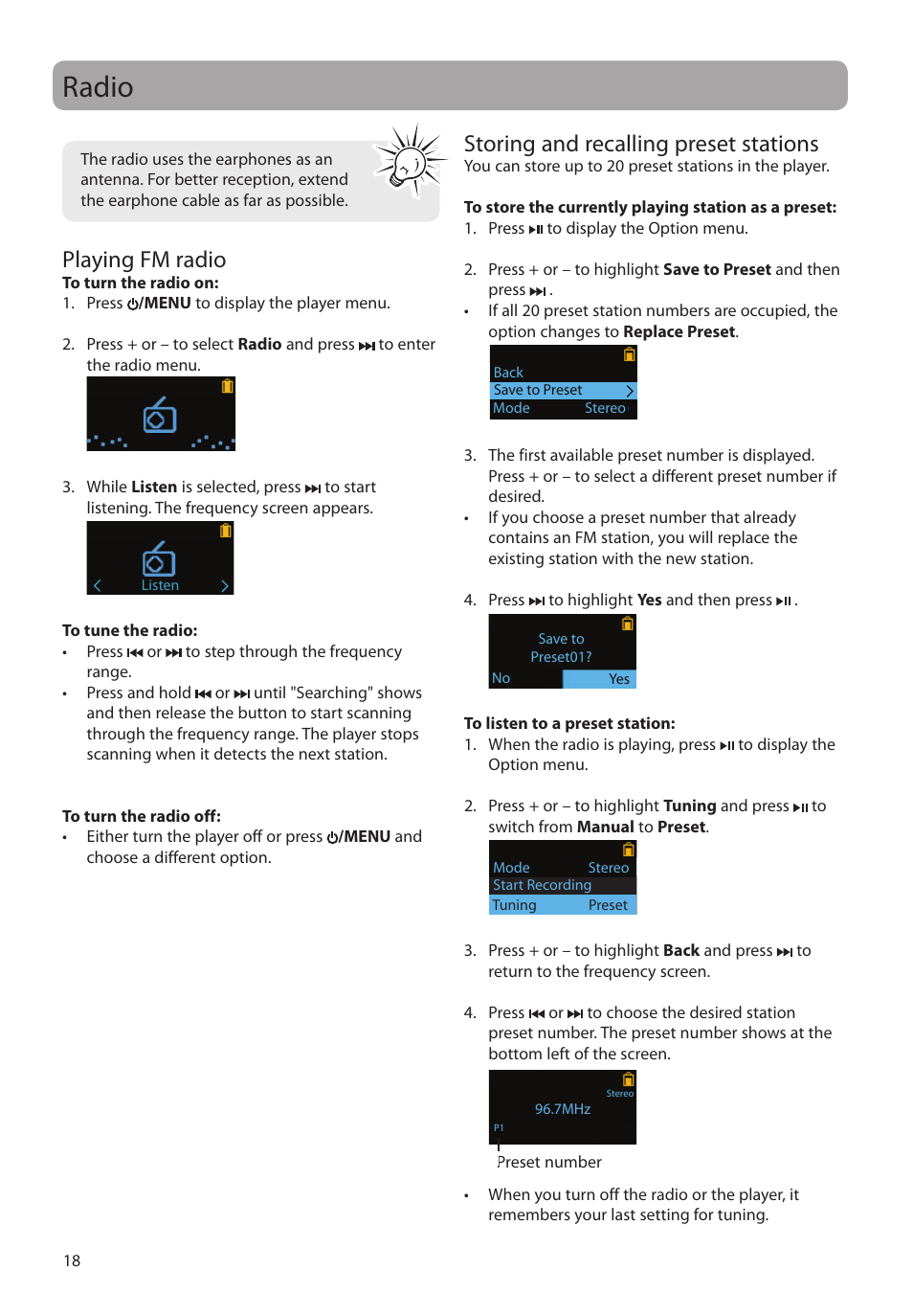 Radio, Playing fm radio, Storing and recalling preset stations | RCA TC1601 User Manual | Page 18 / 27