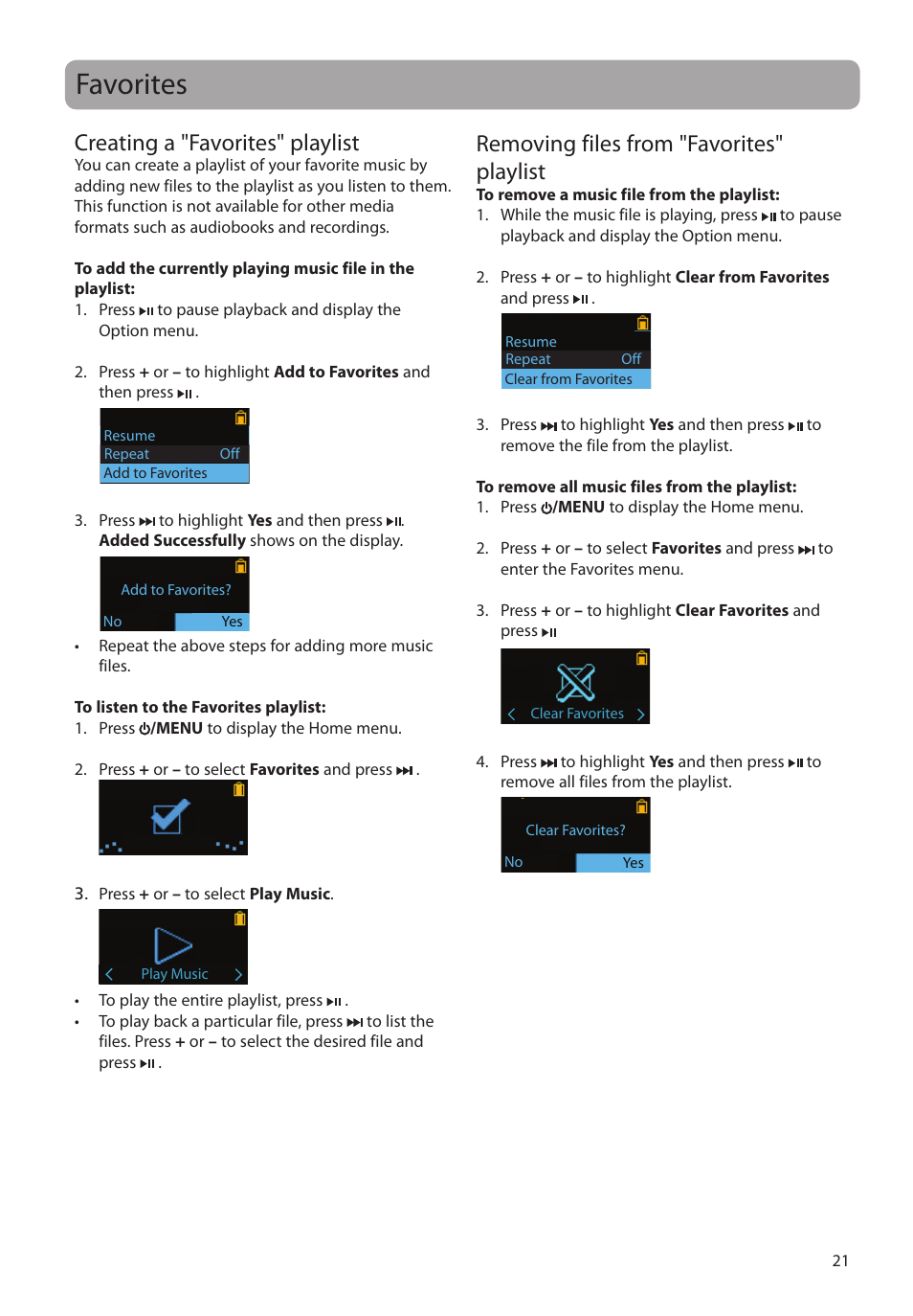 Favorites, Creating a "favorites" playlist, Removing files from "favorites"playlist | Removing files from "favorites" playlist | RCA TC1601 User Manual | Page 21 / 27