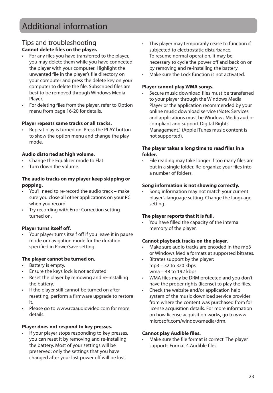 Additional information, Tips and troubleshooting | RCA TC1601 User Manual | Page 23 / 27