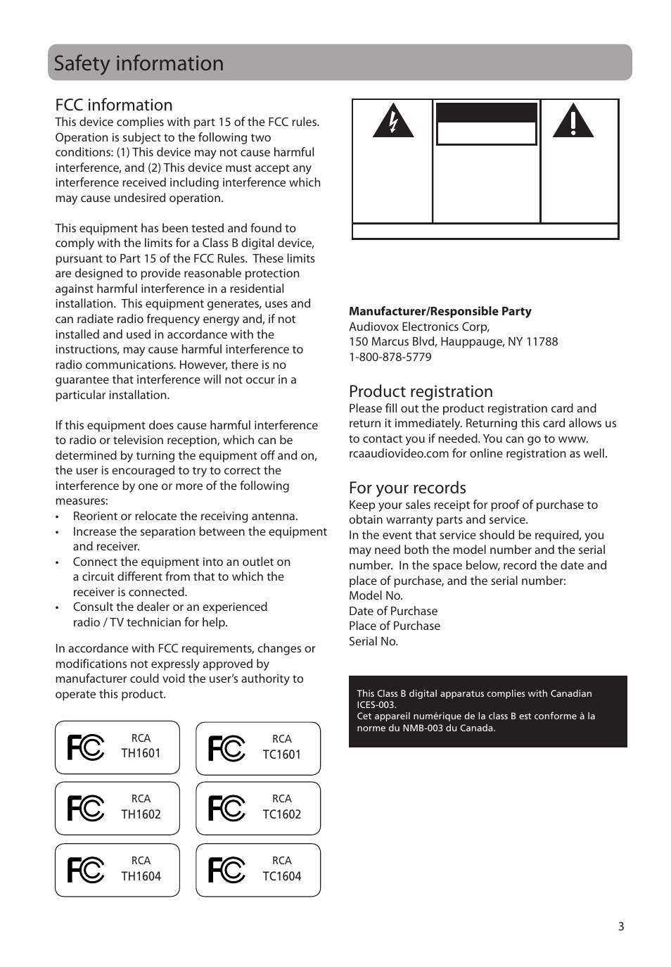 Safety information, Fcc information, Product registration | For your records, Caution, Warning | RCA TC1601 User Manual | Page 3 / 27