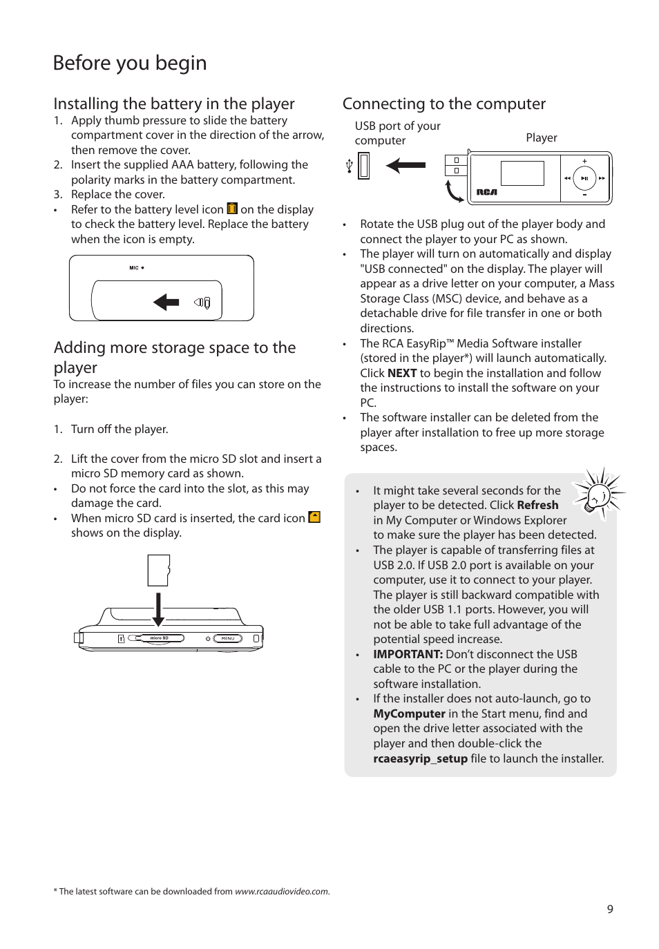 Installing the battery in the player, Adding more storage space to the player, Connecting to the computer | Before you begin | RCA TC1601 User Manual | Page 9 / 27