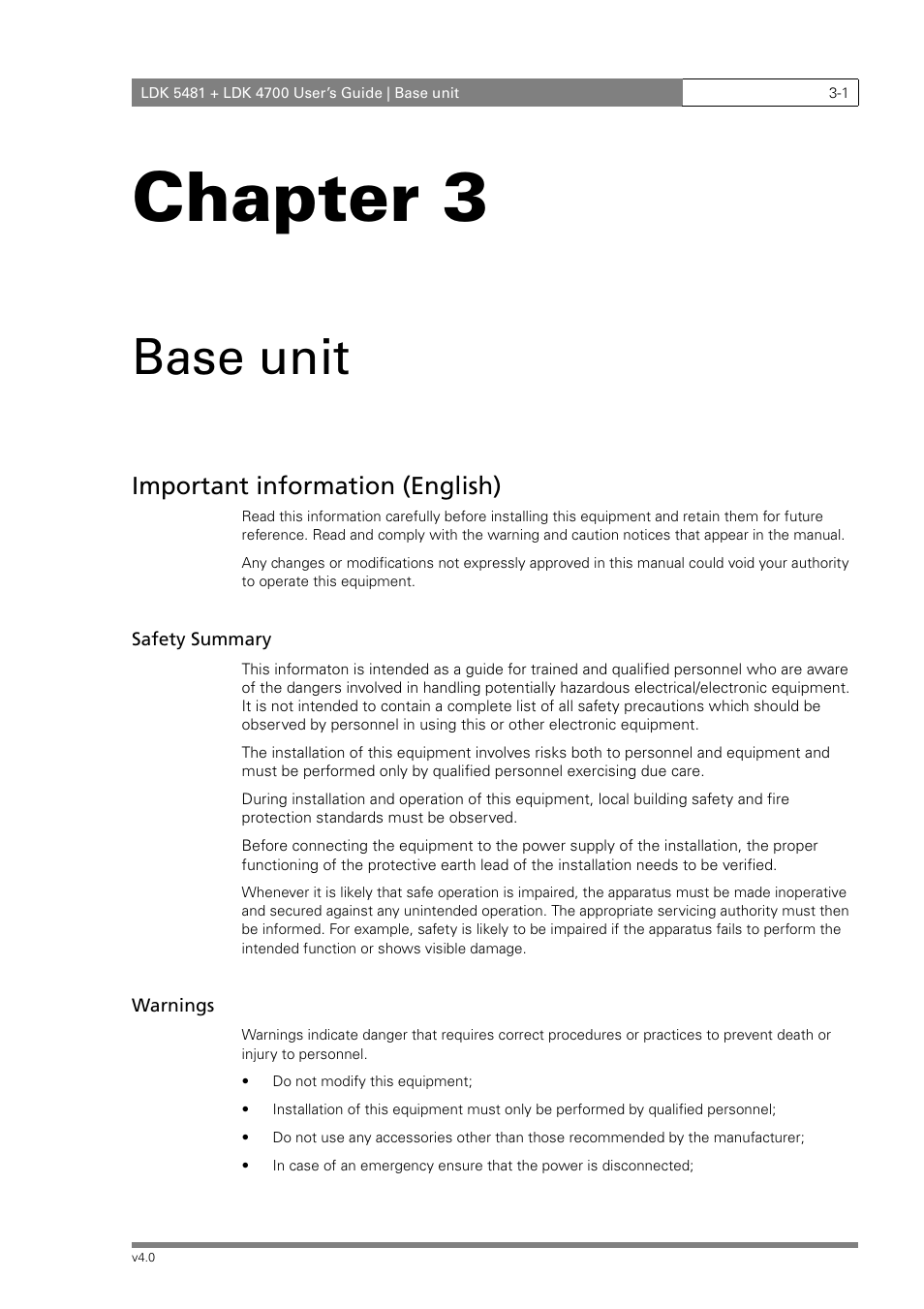 Chapter 3, Base unit, Important information (english) | RCA LDK 5481 User Manual | Page 29 / 48