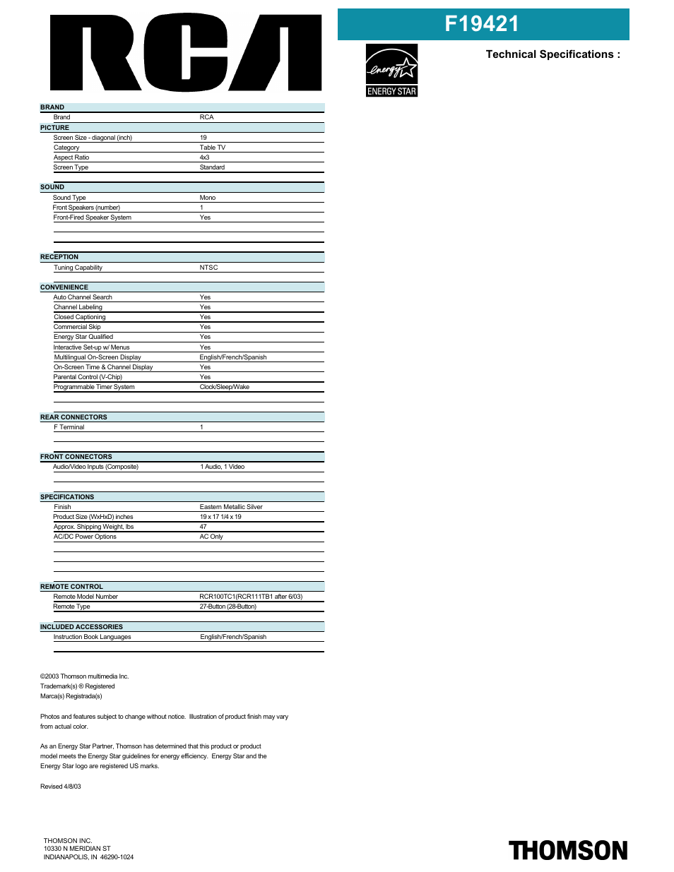 Technical specifications | RCA F19421 User Manual | Page 2 / 2