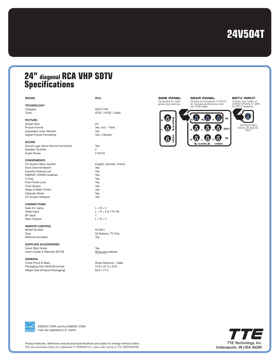 Rca vhp sdtv specifications, Diagonal | RCA 24V504T User Manual | Page 2 / 2