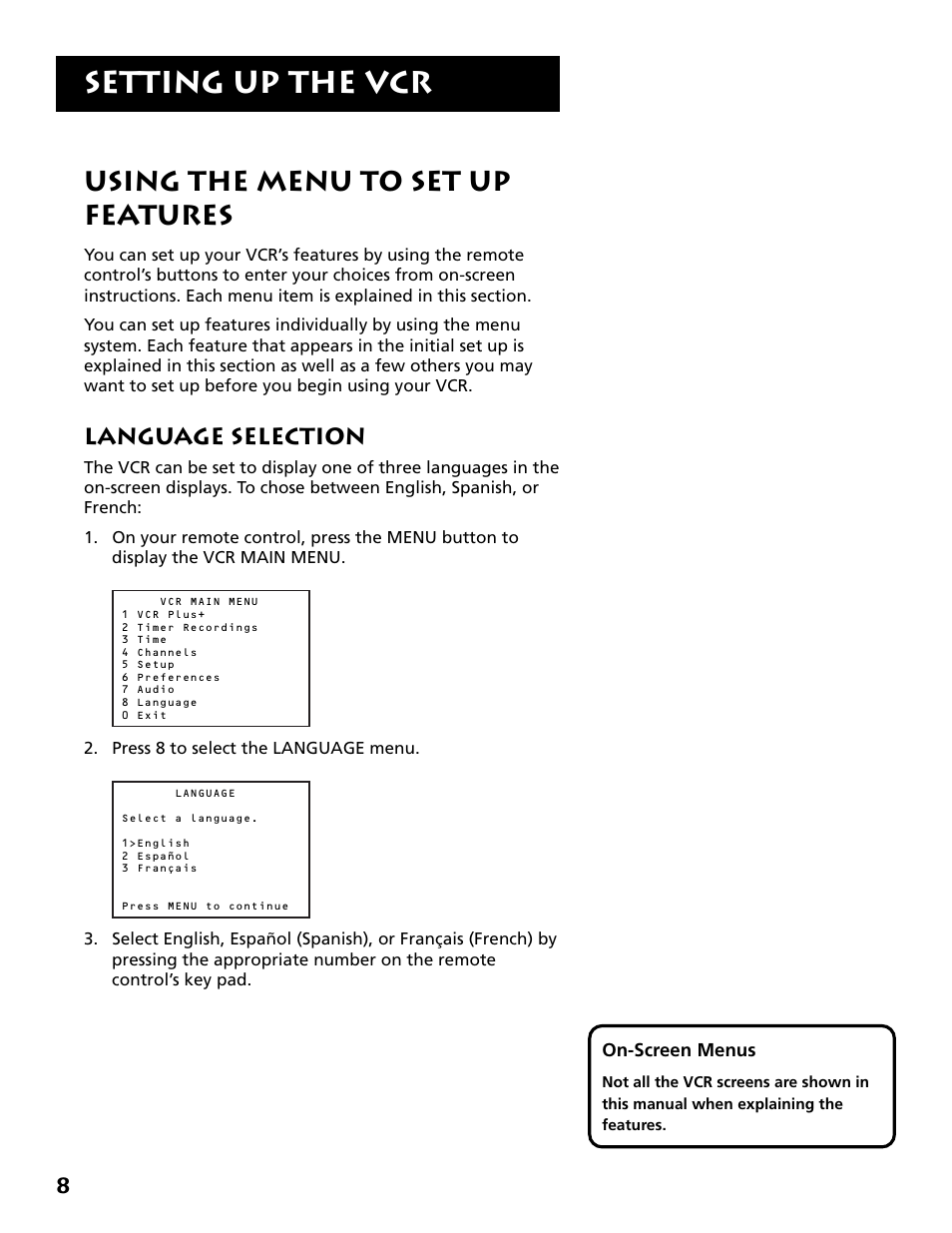 Using the menus to set up features, Language selection, Setting up the vcr | Using the menu to set up features | RCA Plus+ VR702HF User Manual | Page 10 / 84