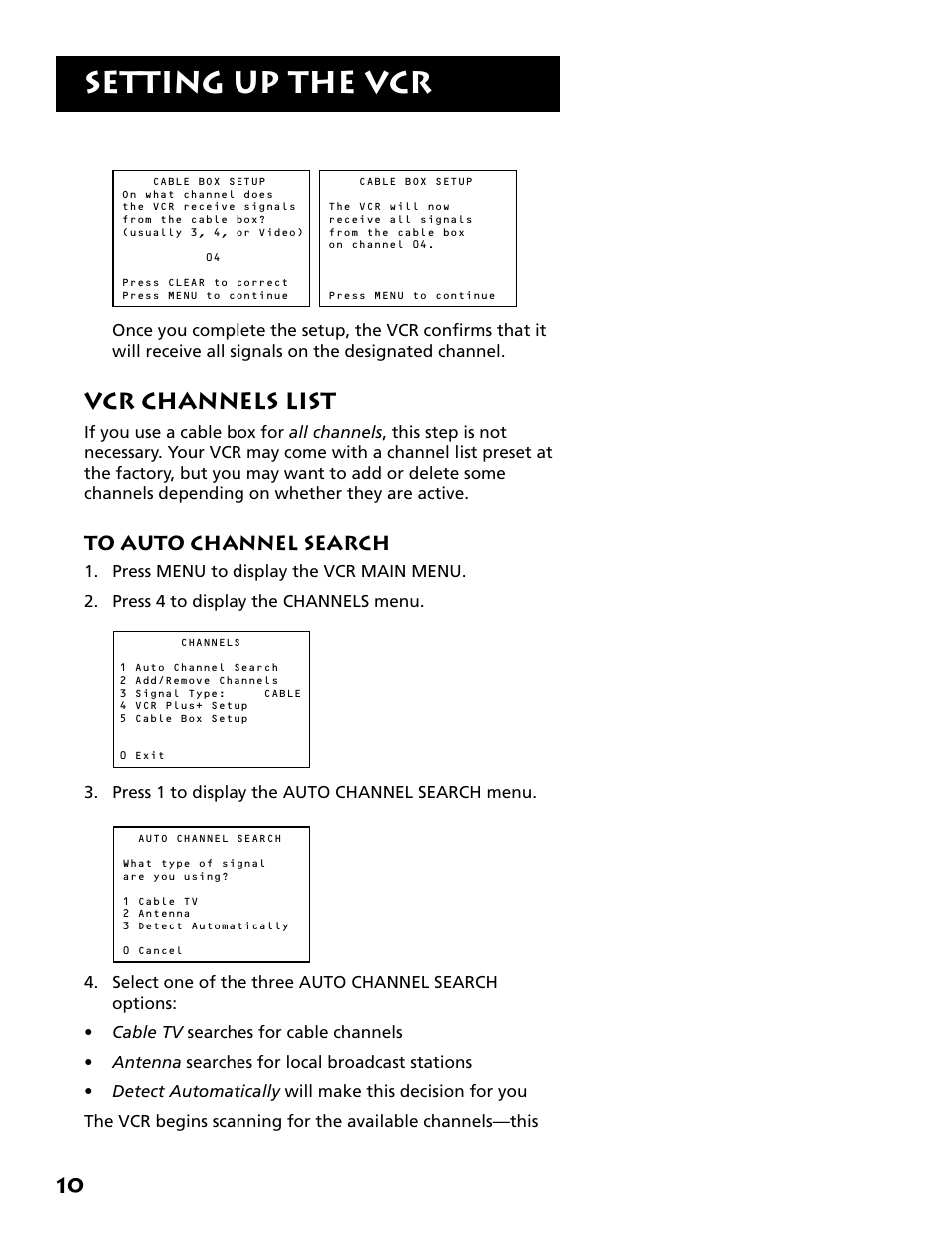 Vcr channels list, To auto channel search, Setting up the vcr | RCA Plus+ VR702HF User Manual | Page 12 / 84