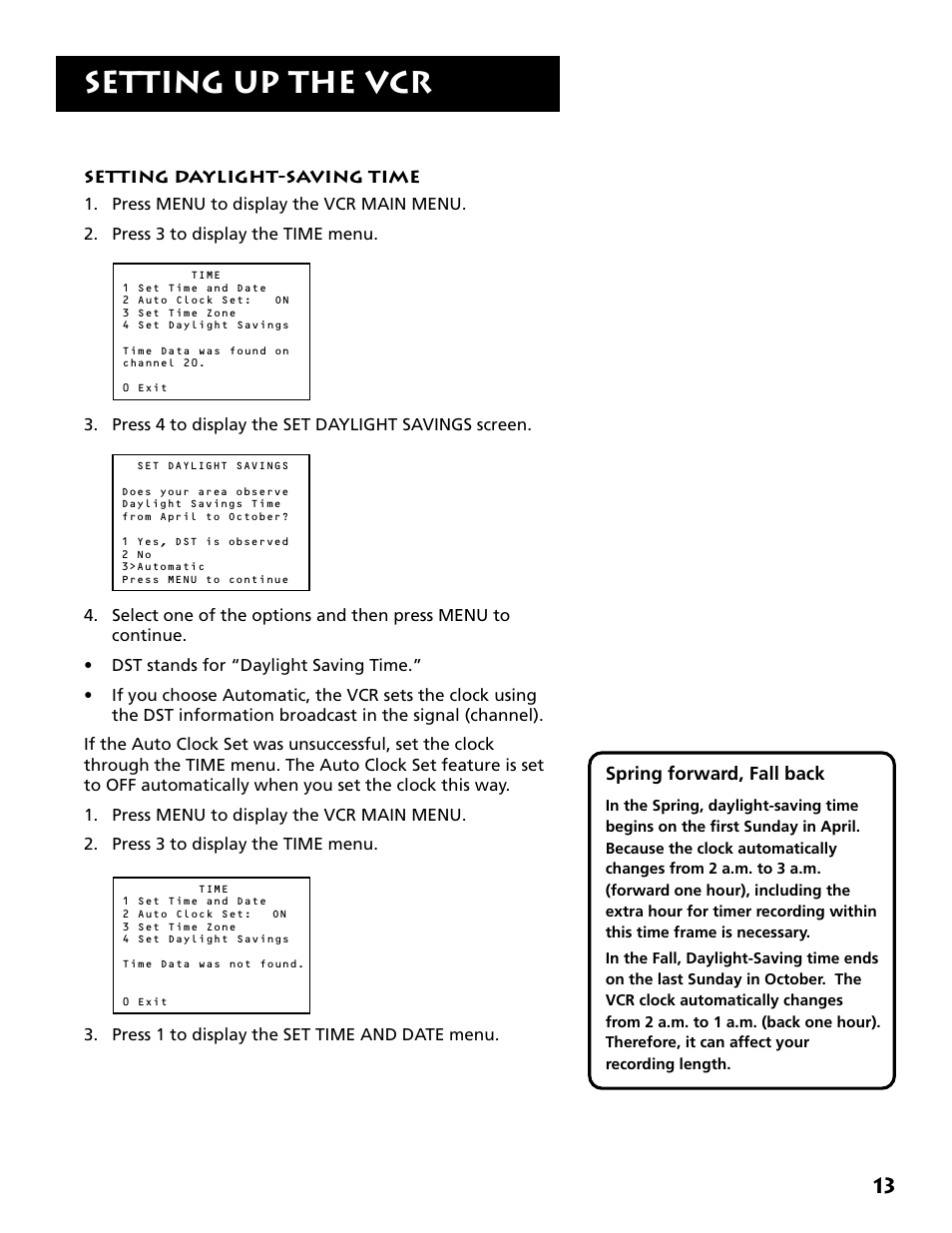 Setting daylight-saving time, Setting up the vcr | RCA Plus+ VR702HF User Manual | Page 15 / 84