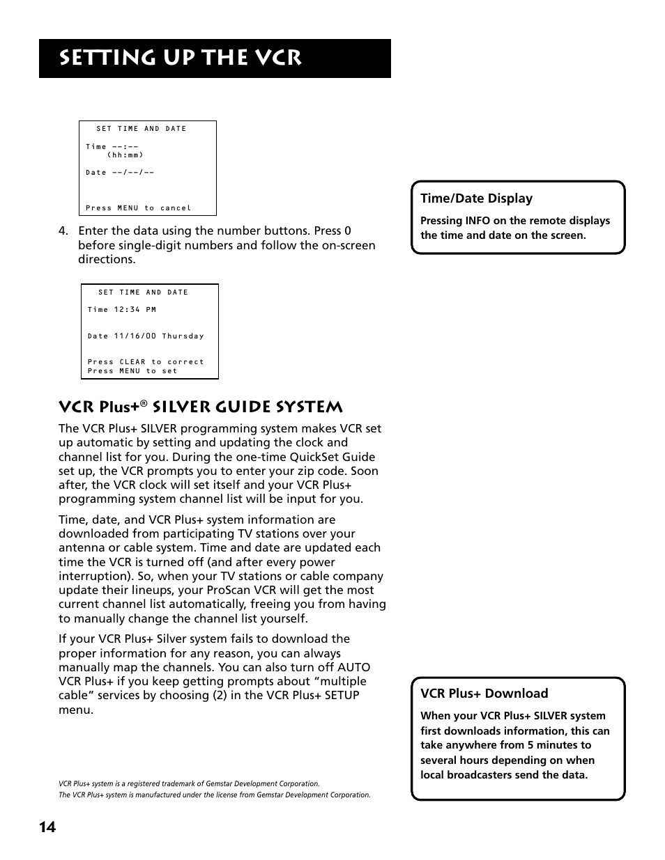 Vcr plus+ silver guide system, Setting up the vcr, Vcr plus | Silver guide system | RCA Plus+ VR702HF User Manual | Page 16 / 84