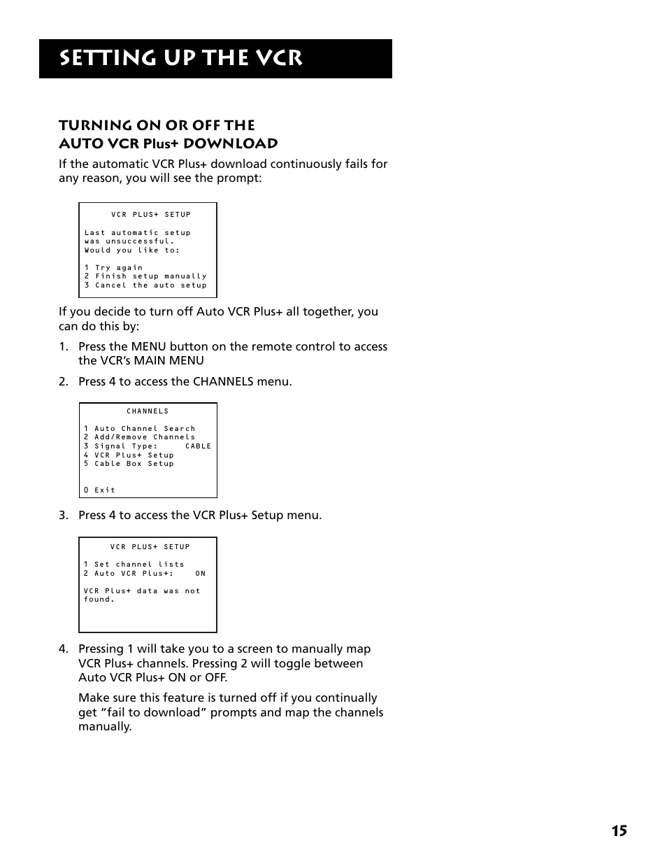 Auto vcr plus+ download, Setting up the vcr, Turning on or off the auto vcr plus+ download | RCA Plus+ VR702HF User Manual | Page 17 / 84