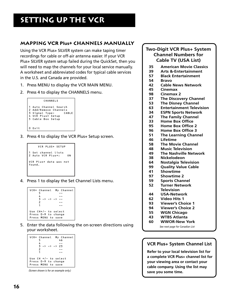 Mapping vcr plus+ channels manually, Setting up the vcr | RCA Plus+ VR702HF User Manual | Page 18 / 84