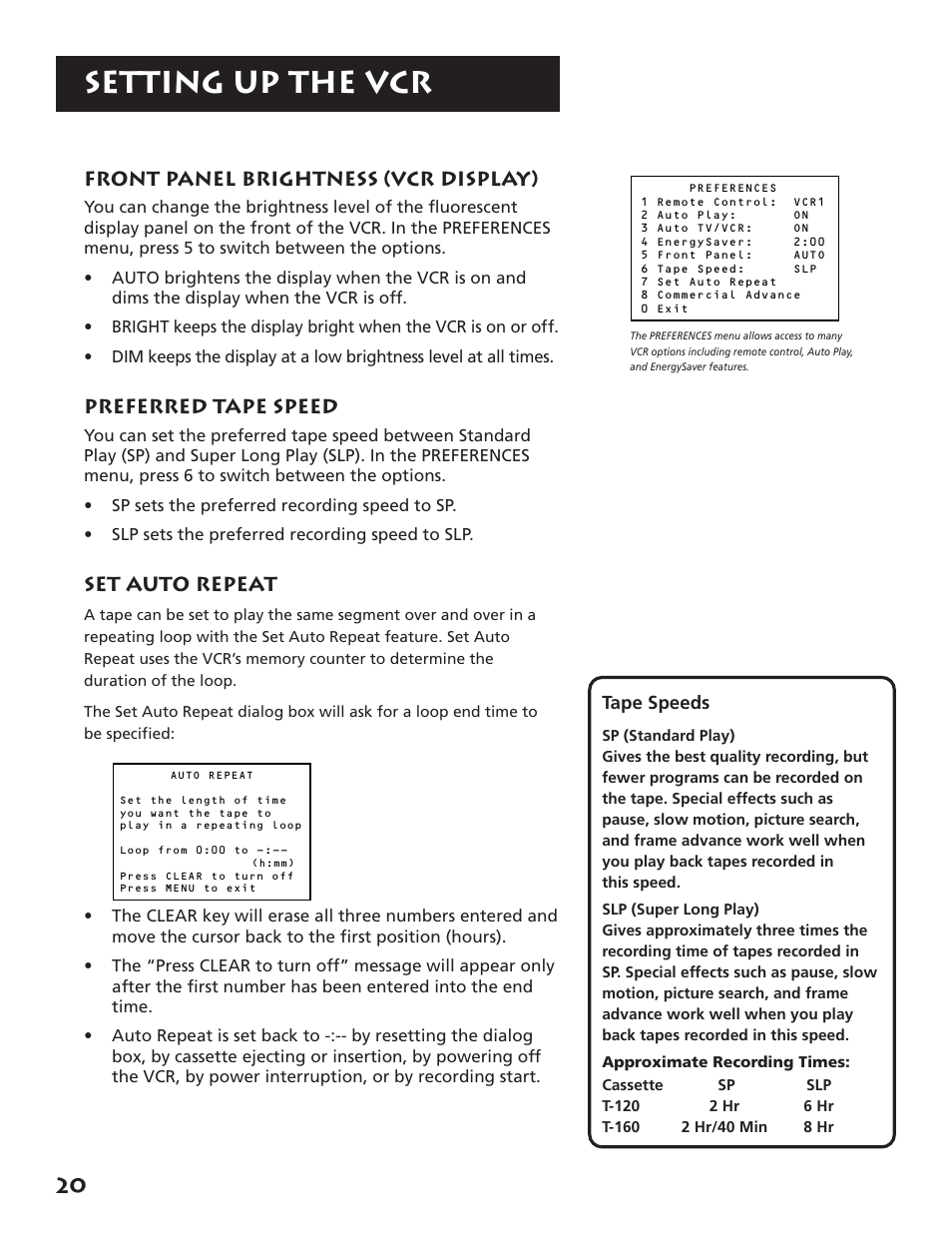 Front panel brightness (vcr display), Preferred tape speed, Set auto repeat | Setting up the vcr | RCA Plus+ VR702HF User Manual | Page 22 / 84