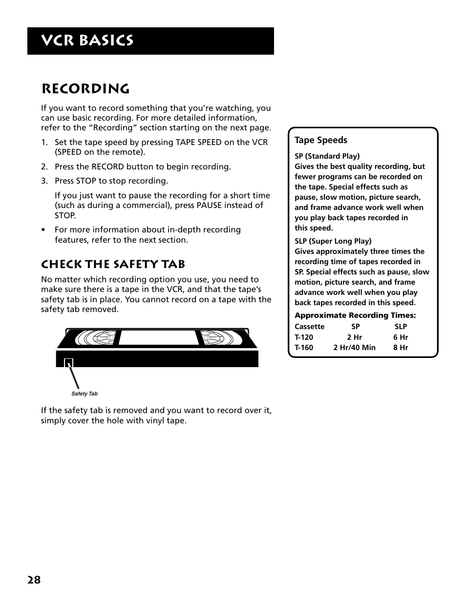 Recording, Check the safety tab, Vcr basics | RCA Plus+ VR702HF User Manual | Page 30 / 84