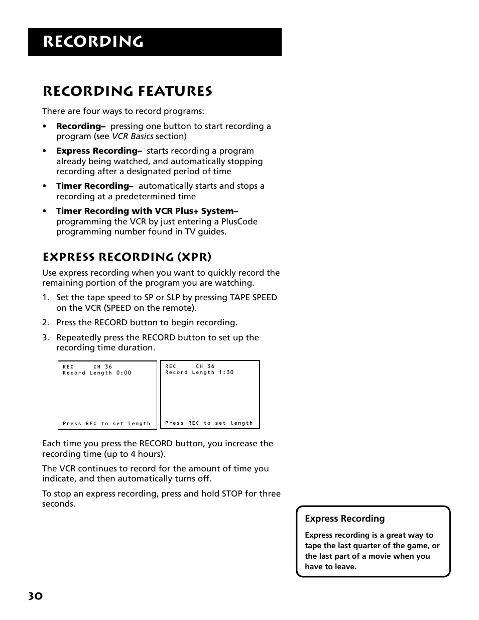 Recording features, Express recording (xpr), Recording | RCA Plus+ VR702HF User Manual | Page 32 / 84