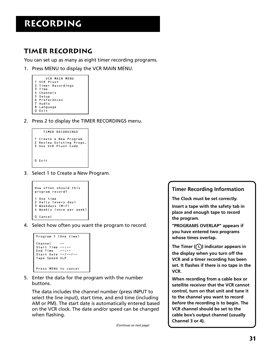 Timer recording, Recording | RCA Plus+ VR702HF User Manual | Page 33 / 84