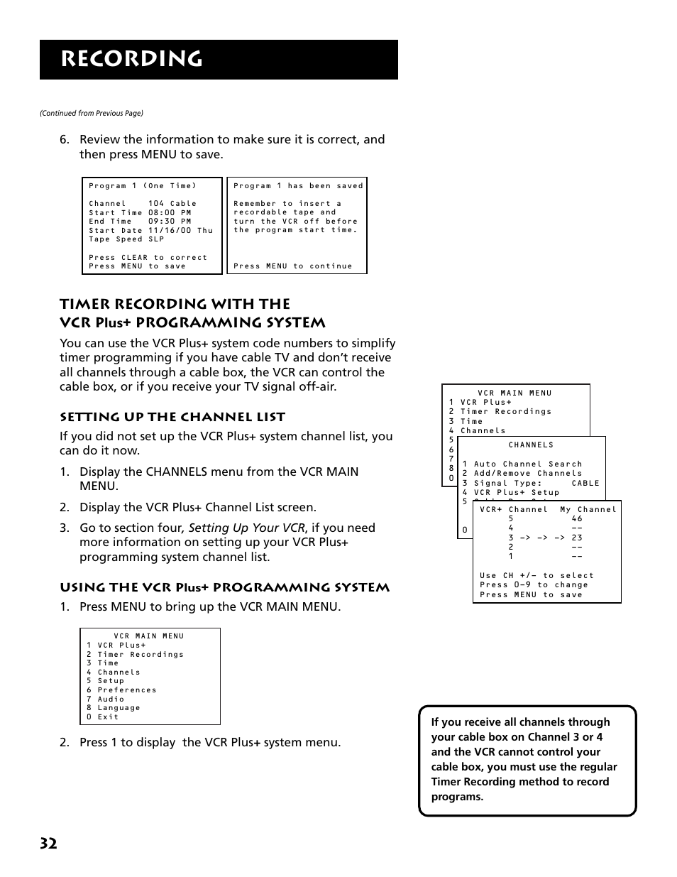 Vcr plus+ programming system, Setting up the channel list, Using the vcr plus+ system | Recording | RCA Plus+ VR702HF User Manual | Page 34 / 84