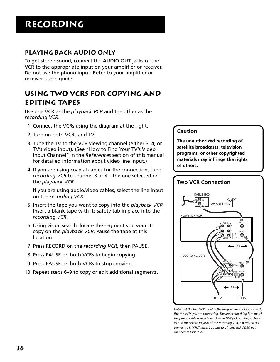 Playing back audio only, Copying and editing tapes, Recording | Using two vcrs for copying and editing tapes, Caution, Two vcr connection | RCA Plus+ VR702HF User Manual | Page 38 / 84