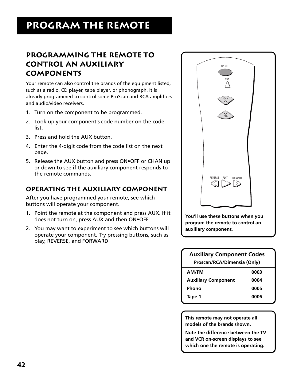 Other features, Program the remote, Operating the auxiliary component | RCA Plus+ VR702HF User Manual | Page 44 / 84