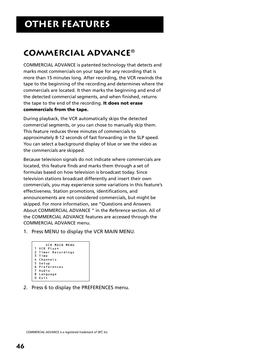 Commercial advance, Other features | RCA Plus+ VR702HF User Manual | Page 48 / 84