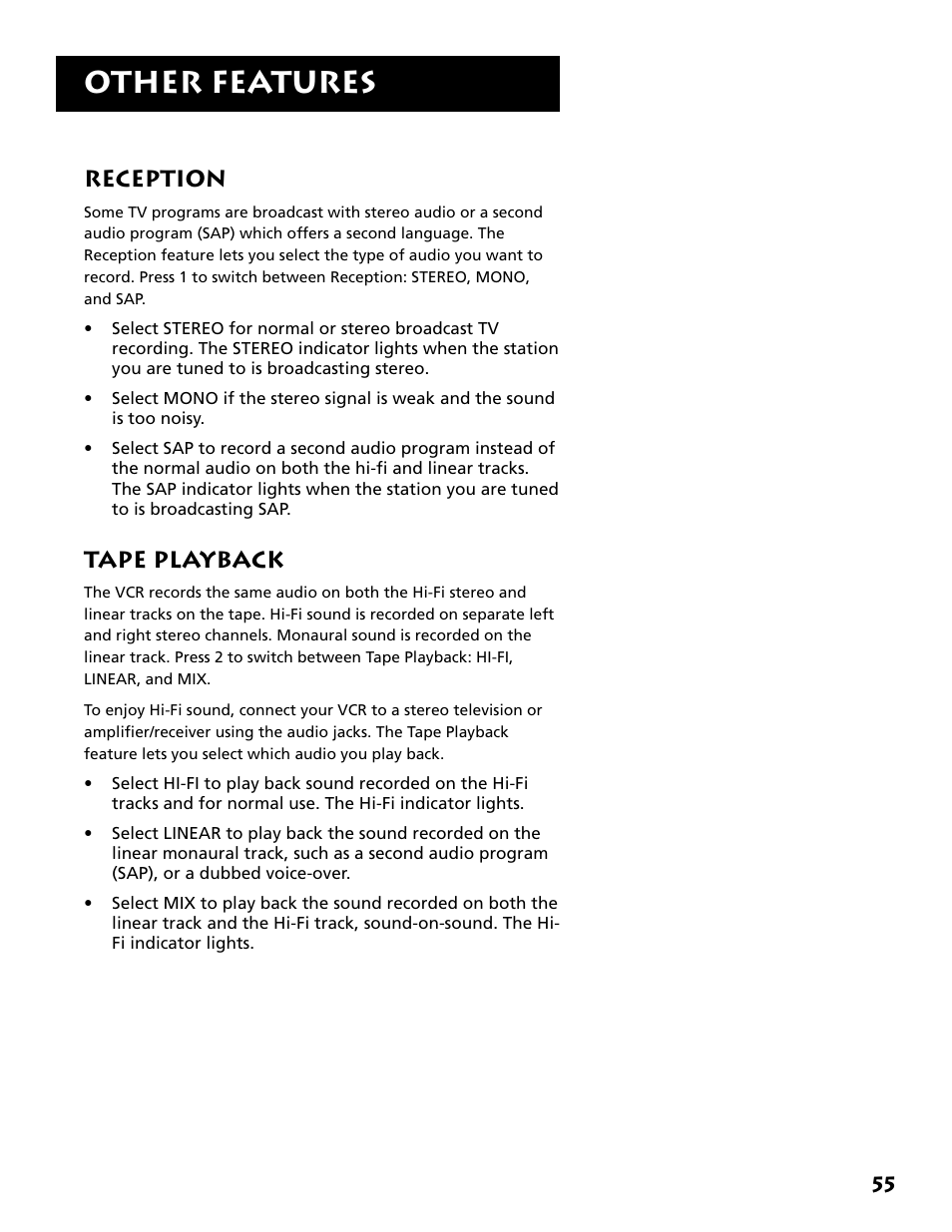 Other features, Reception, Tape playback | RCA Plus+ VR702HF User Manual | Page 57 / 84