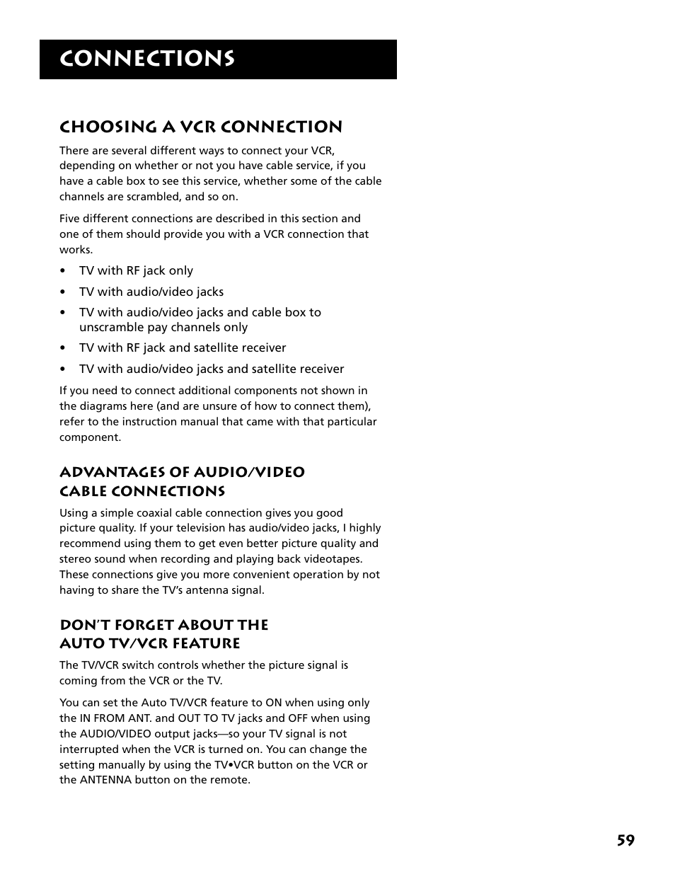 Choosing a vcr connection, Advantages of a/v cable connections, Connections | RCA Plus+ VR702HF User Manual | Page 61 / 84