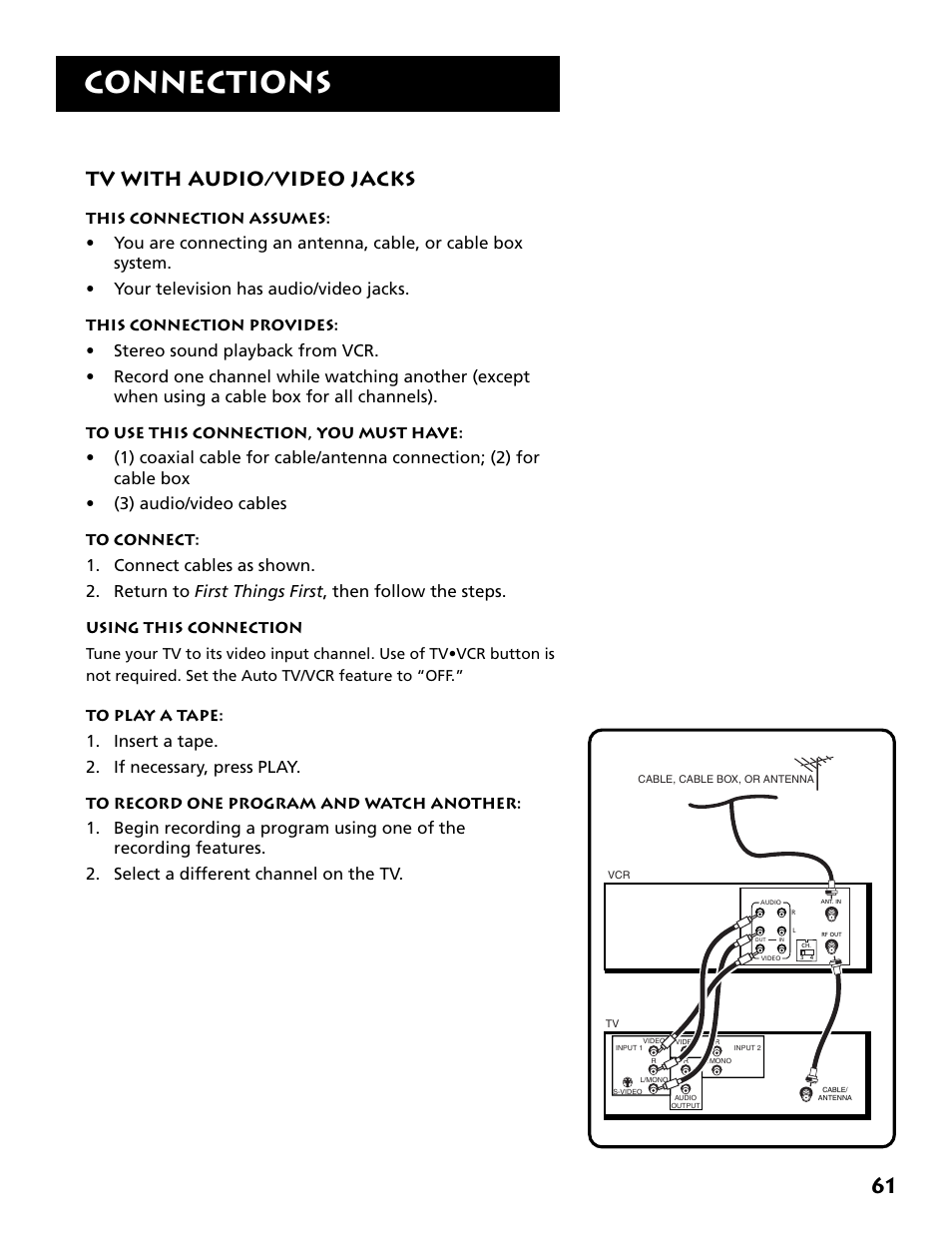 Tv with a/v jacks, Connections, Tv with audio/video jacks | Insert a tape. 2. if necessary, press play | RCA Plus+ VR702HF User Manual | Page 63 / 84