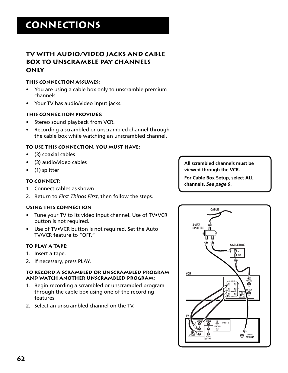 Tv with a/v jacks and cable box, Connections, Insert a tape. 2. if necessary, press play | RCA Plus+ VR702HF User Manual | Page 64 / 84