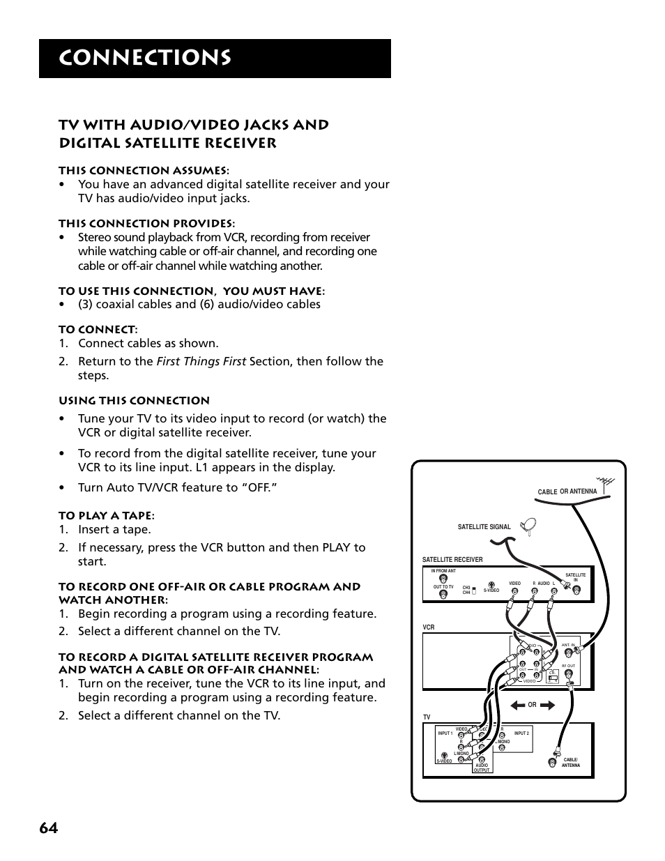 Tv with a/v jacks and satellite receiver, Tv with a/v jacks and satellite receiver . 64, Connections | 3) coaxial cables and (6) audio/video cables, This connection assumes, This connection provides, Using this connection | RCA Plus+ VR702HF User Manual | Page 66 / 84