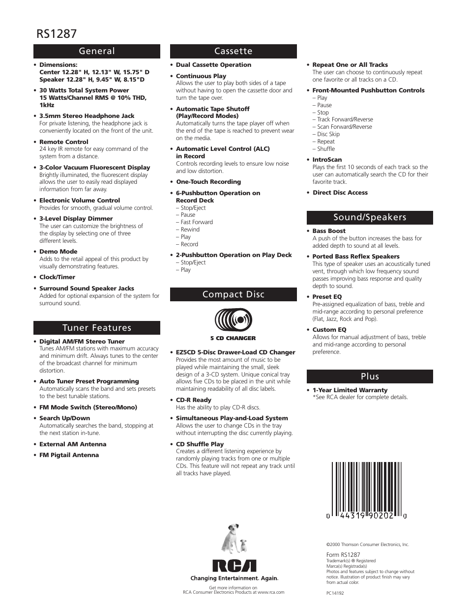 Rs1287, General, Tuner features | Cassette, Compact disc, Sound/speakers, Plus | RCA RS1287 User Manual | Page 2 / 2