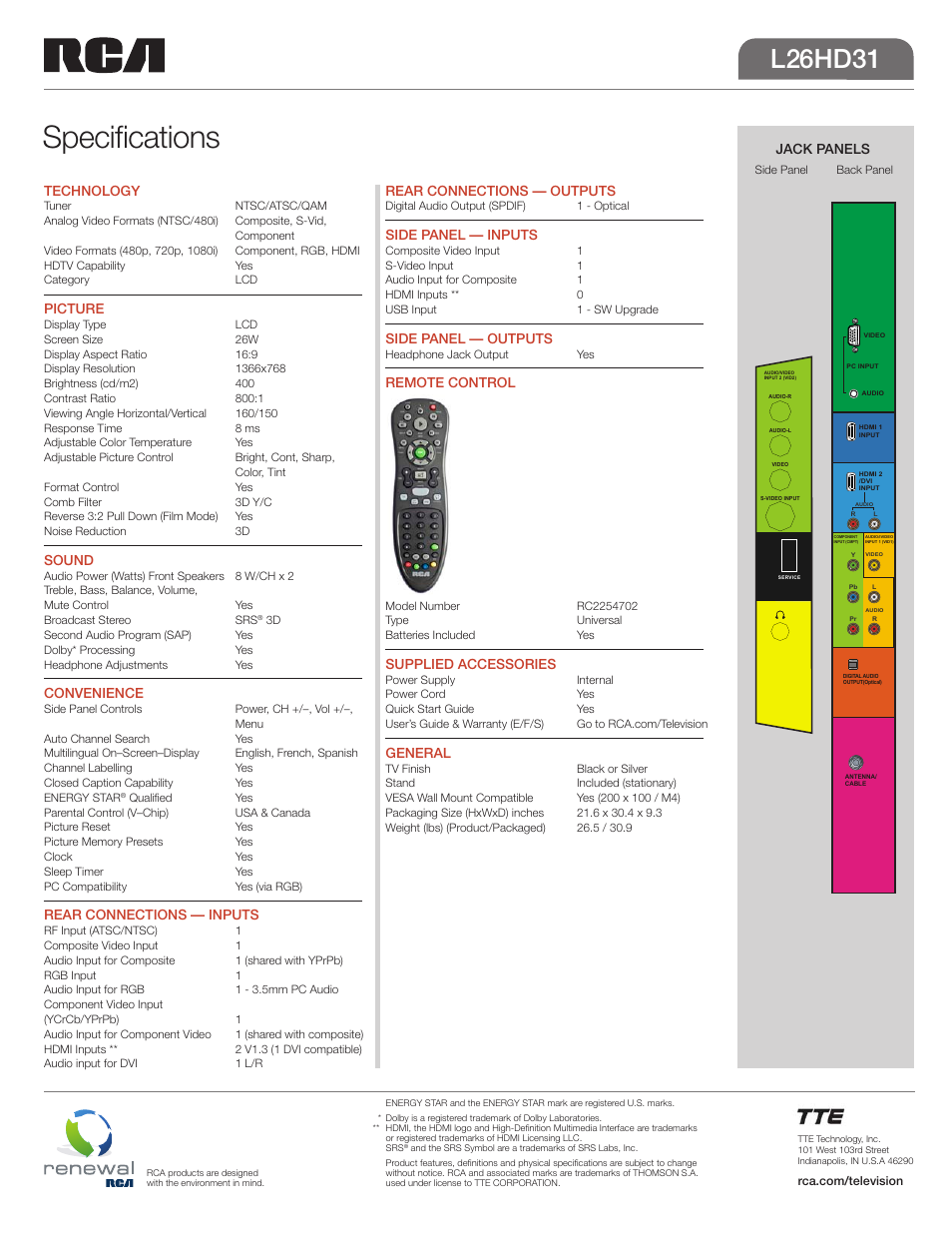 Specifications, L26hd31, Tv522 rear av overlay | Tv522 side av overlay, Technology, Picture, Sound, Convenience, Rear connections — inputs, Rear connections — outputs | RCA L26HD31 User Manual | Page 2 / 2