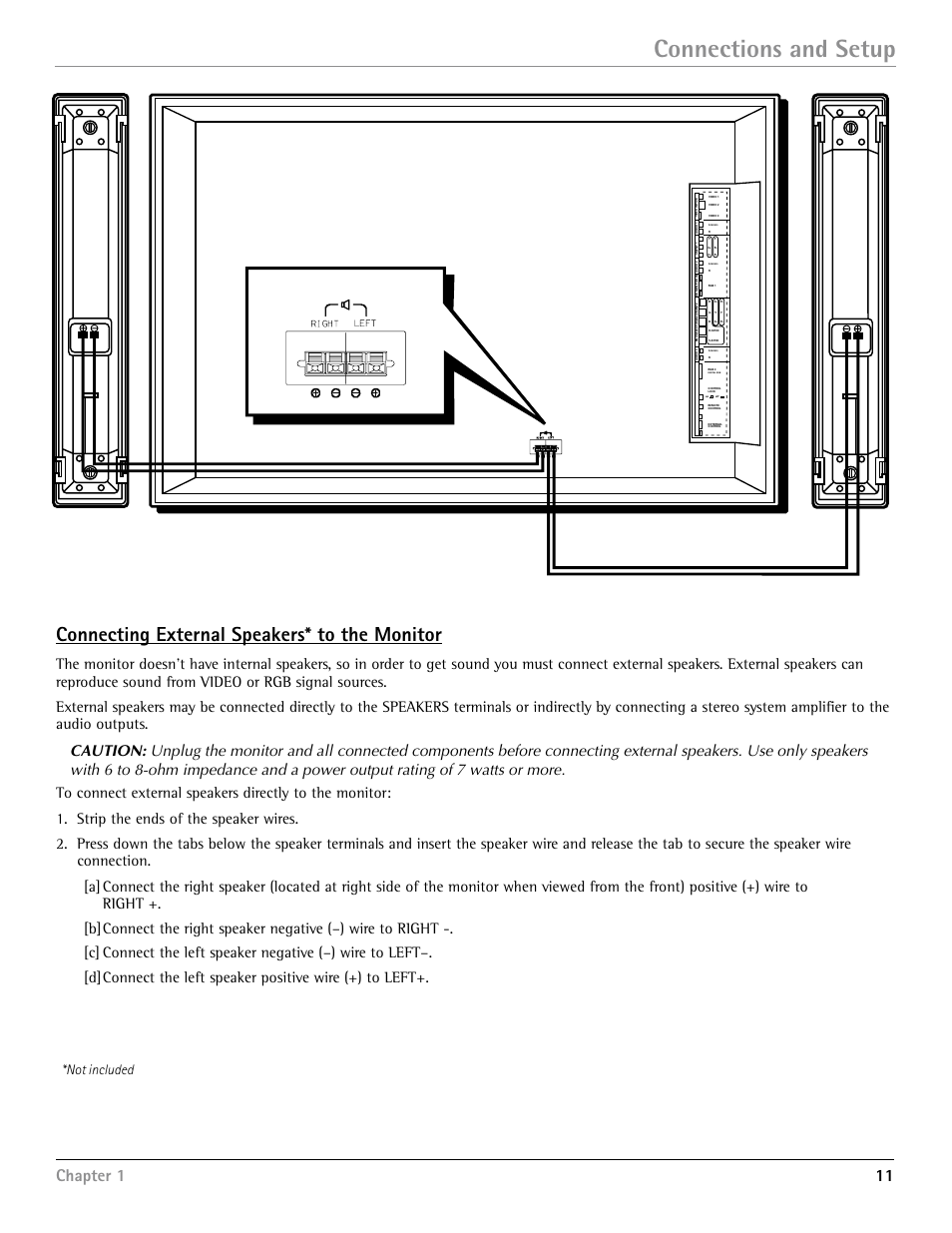 Connections and setup, Connecting external speakers* to the monitor, Chapter 1 11 | Not included | RCA Scenium PHD50400 User Manual | Page 12 / 48